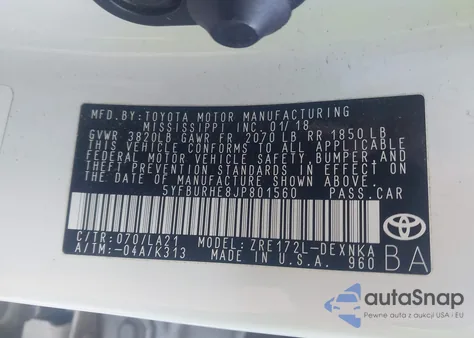 2018 Toyota Corolla Xle из США, поврежденный, VIN 5YFBURHE8JP801560